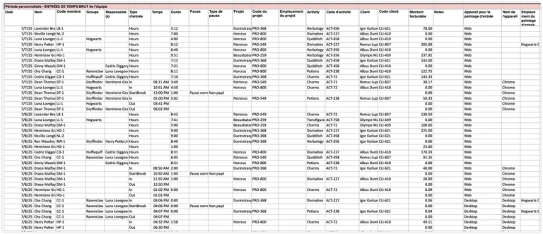 Liste des entrées de temps (ou entrées de temps brutes) pour le rapport de présence